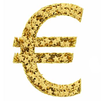 Euro sign composed of golden stars isolated on white. High resolution 3D image
