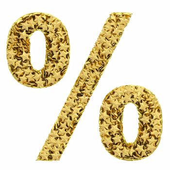 Percent sign composed of golden stars isolated on white. High resolution 3D image