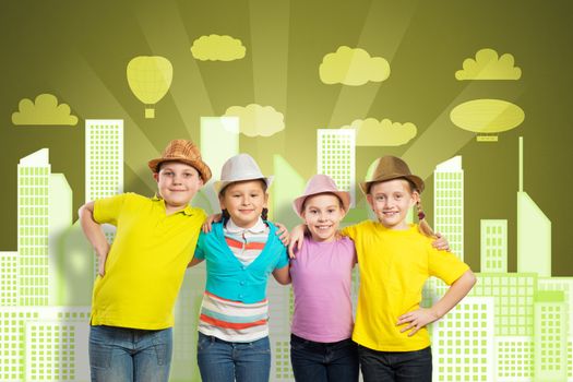 small group of children embraced by the shoulders and stand in a row