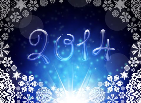 Christmas background is. 2014 with reflections and snowflakes on a blue background