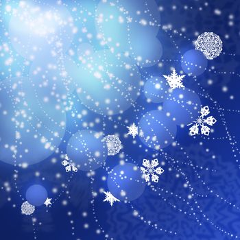 New Year's background. Christmas balls and snowflakes on a blue background