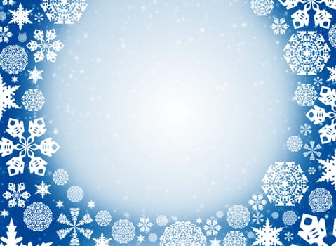 Christmas frame. White snowflakes on a blue background