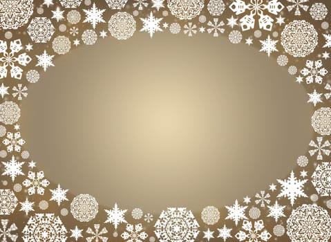 Christmas frame. White snowflakes on a beige background