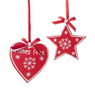 red christmas star and heart with white pattern on white background 