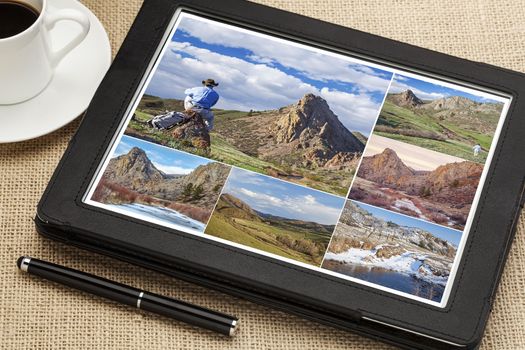 reviewing hiking pictures on a digital tablet, Eagle Nest Open Space in northern Colorado, all displayed pictures copyright by the photographer