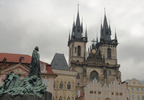View the Old Town Square in Prague, Jan Hus monument and Tyn Church