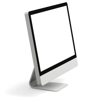 Modern desktop computer with white blank screen isolated on white background