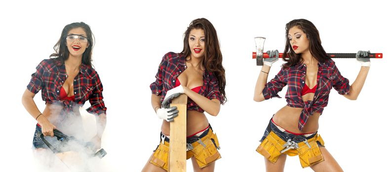 Sexy girl with construction tools isolated on white background