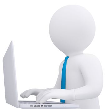 White 3d man working at his laptop. Render on white background