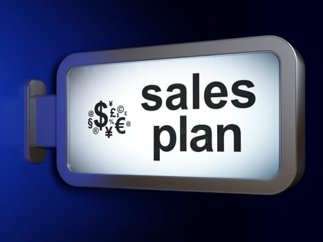 Advertising concept: Sales Plan and Finance Symbol on advertising billboard background, 3d render