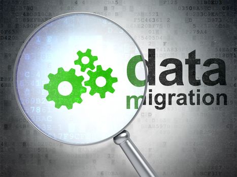 Data concept: magnifying optical glass with Gears icon and Data Migration word on digital background, 3d render