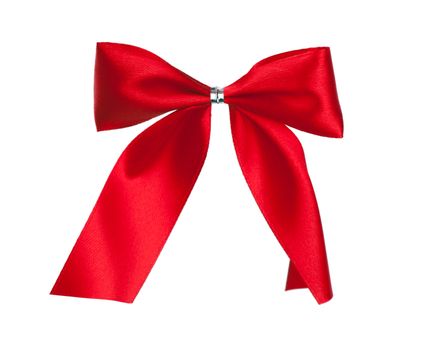 Closeup view of single red ribbon bow isolated over white background