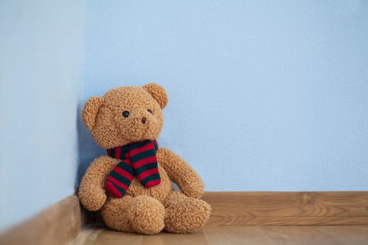 Single teddy bear on a floor in a child room