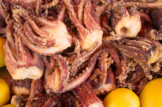 Full frame take of freshly fried octopus tapas