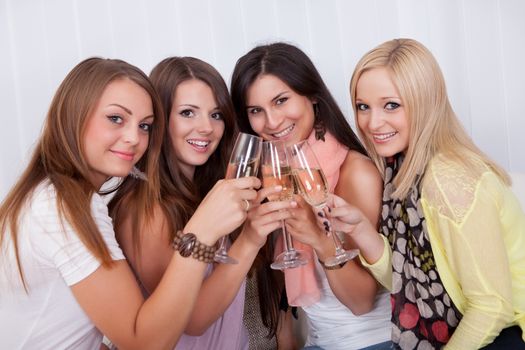 Group of attractive stylish girls with lovely smiles standing close together toasting with champagne