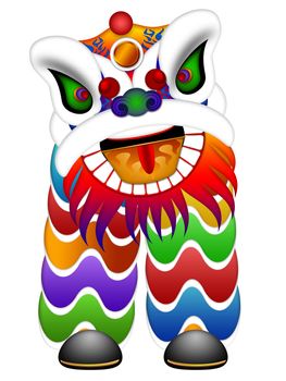 Chinese Lion Dance Colorful Ornate Head and Body Isolated on White Background Illustration