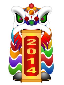 Chinese Lion Dance Colorful Ornate Head and Scroll with New Year 2014 Numerals Illustration Isolated on White Background