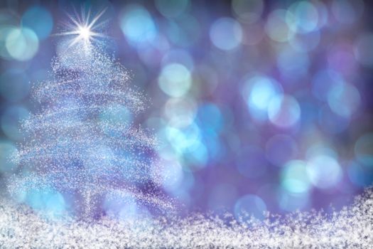 Beautiful Blue Purple Aqua Christmas Tree Background with Snow and Stars