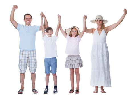 A Happy Family With Two Children Going For Vacation Isolated On White Background