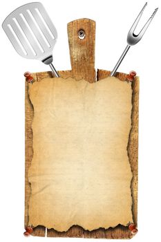 Notebook for recipes or menu on used wooden cutting board
