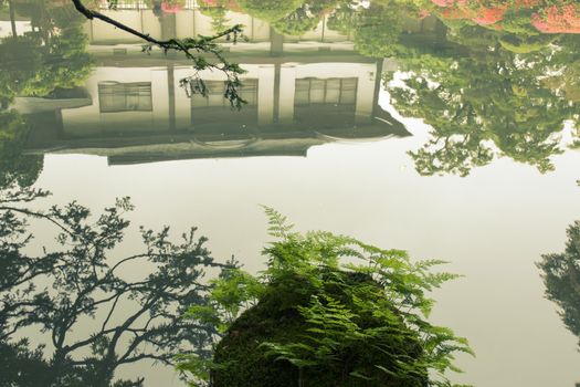 scenic landscape with reflection in Japanese Zen pond