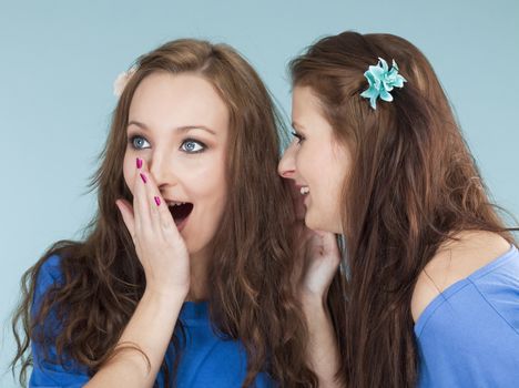 two young female friends whispering gossip - isolated on blue