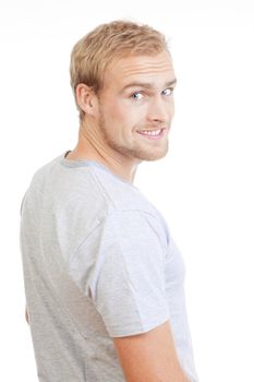 portrait of a young man with blond hair standing- isolated on white