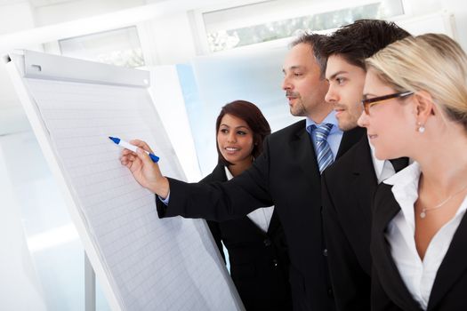 Group of business people looking at the graph on flipchart