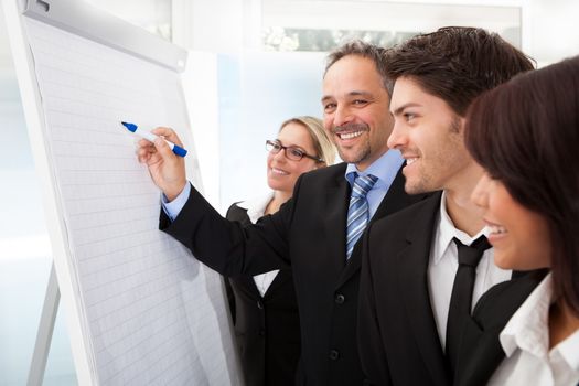 Group of business people looking at the graph on flipchart