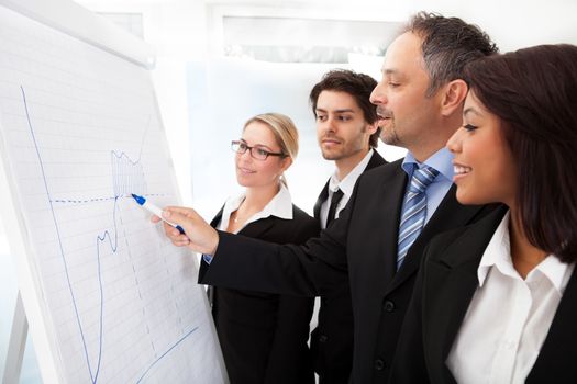 Group of business people looking at the graph on flipchart