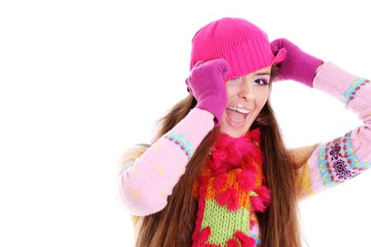 portrait of a beautiful happy woman in a knitted jacket