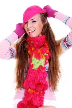 portrait of a beautiful happy woman in a knitted jacket
