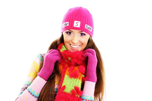 portrait of a beautiful happy woman in a knitted jacket