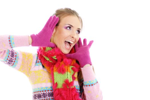 portrait of a beautiful happy woman in a knitted jacket