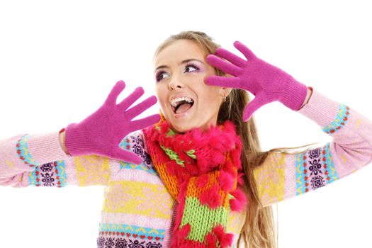 portrait of a beautiful happy woman in a knitted jacket