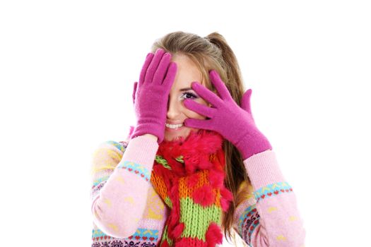 portrait of a beautiful happy woman in a knitted jacket