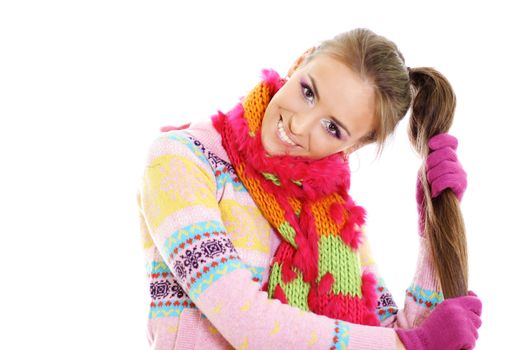 portrait of a beautiful happy woman in a knitted jacket