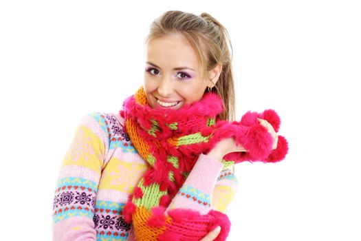 portrait of a beautiful happy woman in a knitted jacket