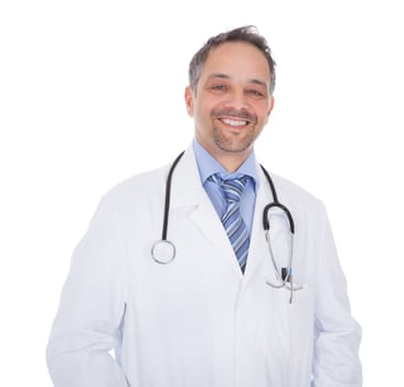 Smiling medical doctor man with stethoscope. Isolated on white