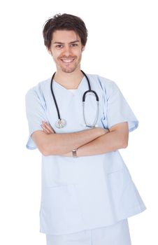 Self-assured doctor with stethoscope. Isolated on white