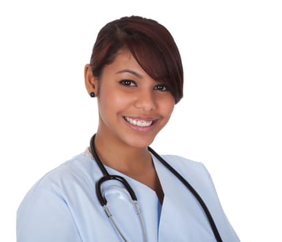 Smiling medical doctor woman with stethoscope. Isolated on white