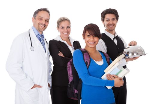 Diverse group of smiling workers. Isolated on white