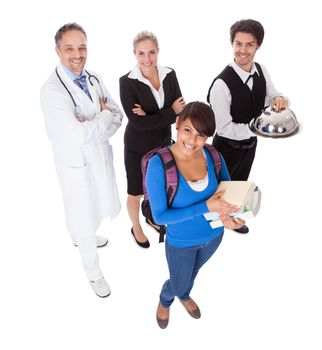 Diverse group of smiling workers. Isolated on white