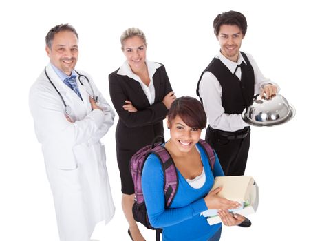 Diverse group of smiling workers. Isolated on white