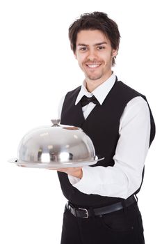 Portrait of a butler with bow tie and tray. Isolated on white