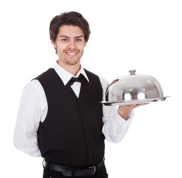 Portrait of a butler with bow tie and tray. Isolated on white
