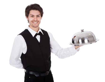 Portrait of a butler with bow tie and tray. Isolated on white