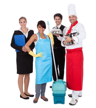 Diverse group of smiling workers. Isolated on white