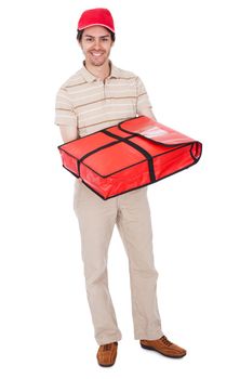 Pizza delivery boy with thermal bag. Isolated on white