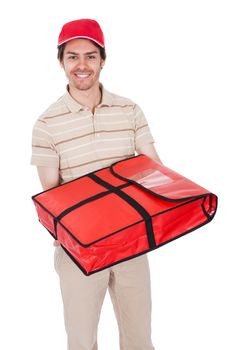 Pizza delivery boy with thermal bag. Isolated on white